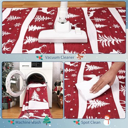 Red 9x12 Christmas Rug with Reindeer & Snowflakes - Washable Non-Slip Living Room Carpet
