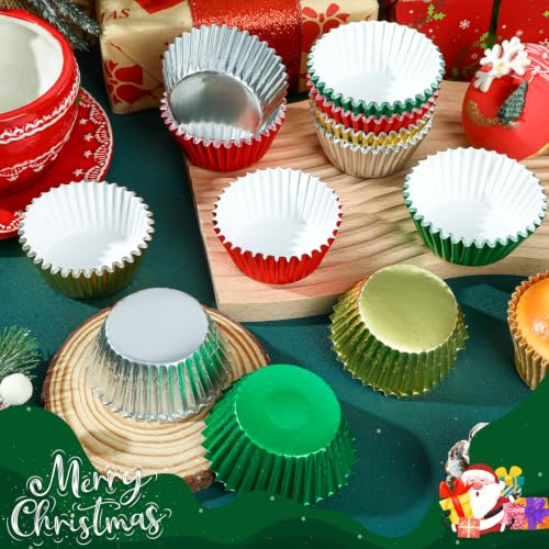 Christmas Cupcake Liners 200 Pack - Red Green Gold Silver Foil Baking Cups for Holiday Baking