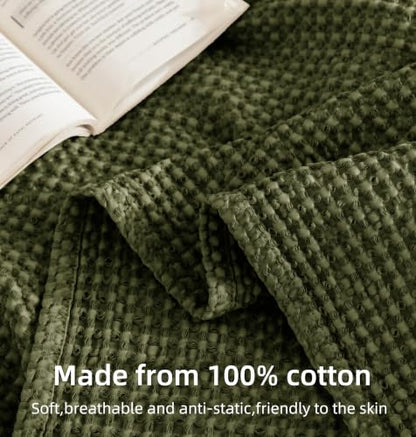 King Size Cotton Waffle Blanket - Olive Green, Breathable & Soft Bed Cover