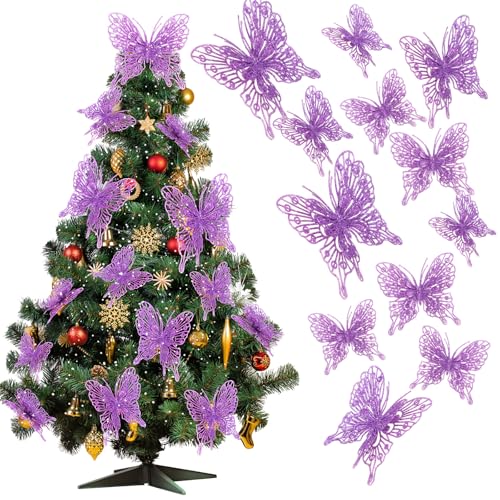 Purple Butterfly Christmas Tree Ornaments Set - 24 Glitter Holiday Decor
