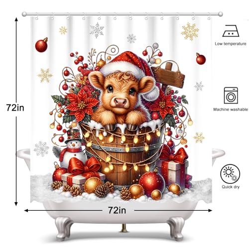 Christmas Highland Cow Shower Curtain 72x72 Inches with Hooks - Rustic Farmhouse Bathroom Decor