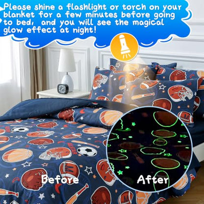 Glow in the Dark Blue Soccer Basketball Bedding Set Full Size for Boys Teen - 4 Pieces with Comforter Pillow Sham