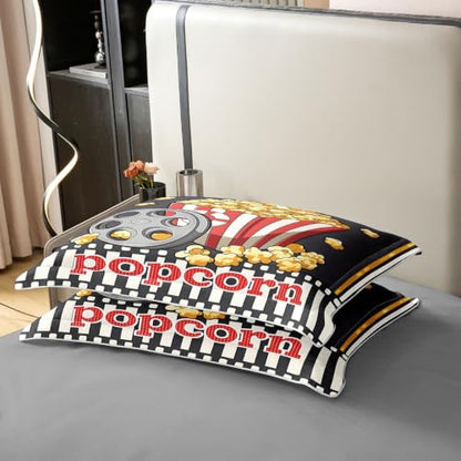 Popcorn Bedding Set - Black Red Queen Size Duvet Cover for Kids Boys Girls Movie Theater Theme
