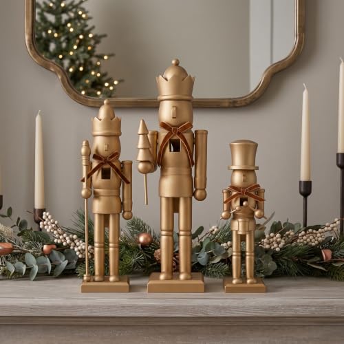 Christmas Nutcracker Figures Set - Gold Wooden Holiday Decor, 10-15 Inches