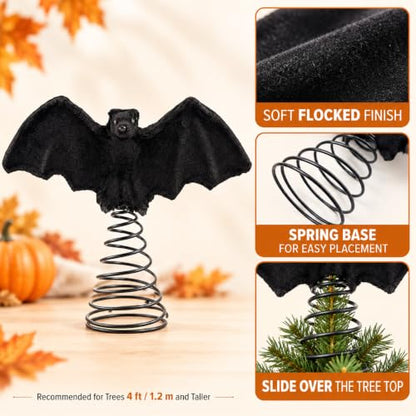 Halloween Bat Tree Topper - 10 Inch Black Plush Gothic Christmas Decoration