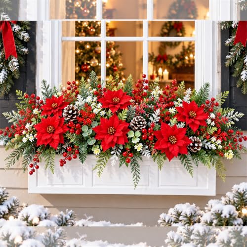 Christmas Artificial Flowers Bundle - Red & Green Poinsettia Berry Greenery - 100 Stems