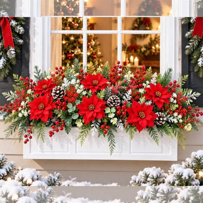 Christmas Artificial Flowers Bundle - Red & Green Poinsettia Berry Greenery - 100 Stems
