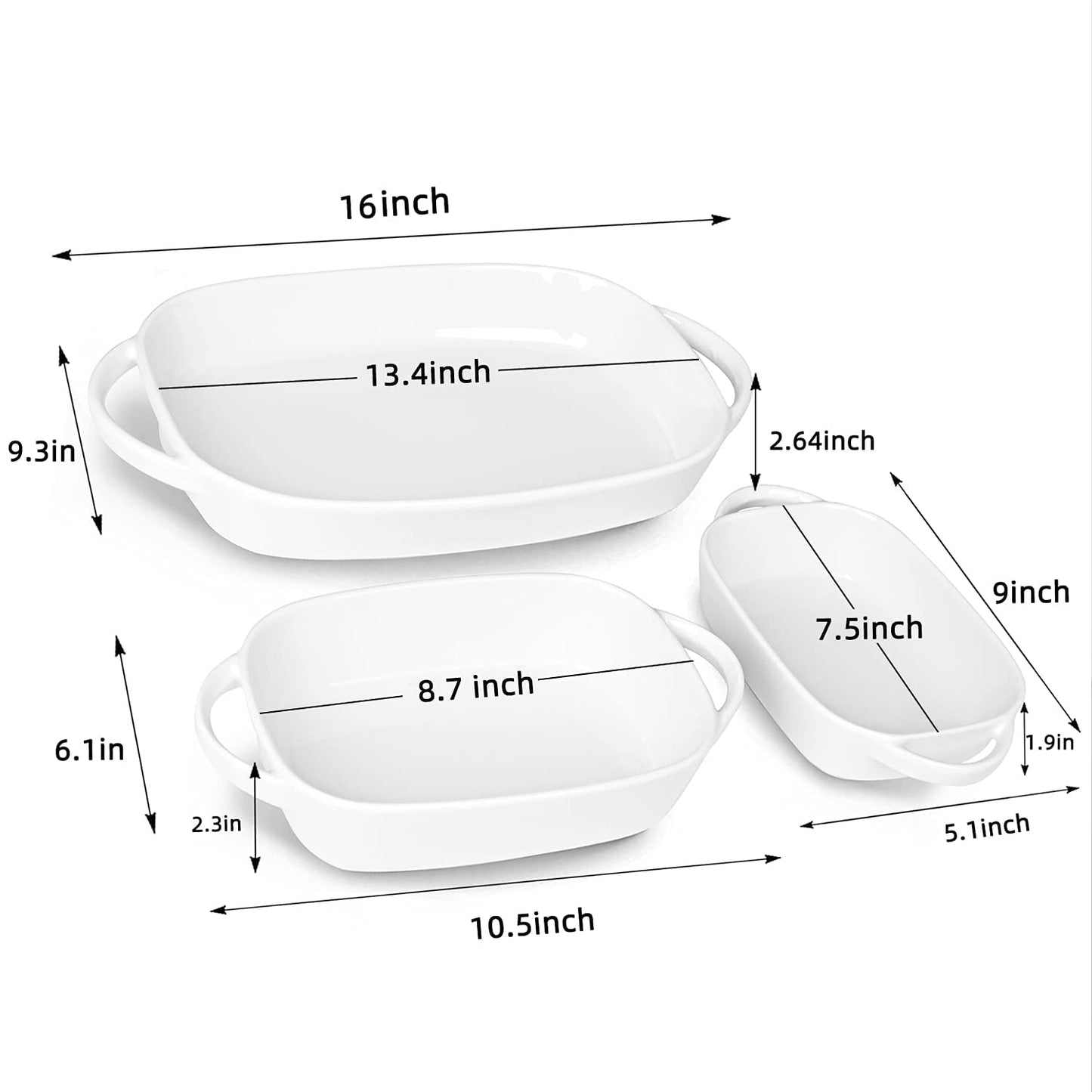 Ceramic 2.6/1.1/0.6 Quart Baking Dish Set of 3, 9.3" x 13", 6.1"x8.7", 5.1"x 7.5" (White, 3 Piece Assortment)