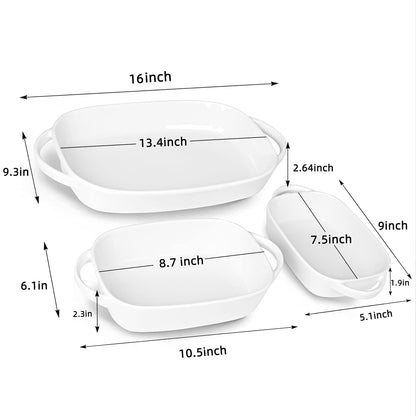 Ceramic 2.6/1.1/0.6 Quart Baking Dish Set of 3, 9.3" x 13", 6.1"x8.7", 5.1"x 7.5" (White, 3 Piece Assortment)