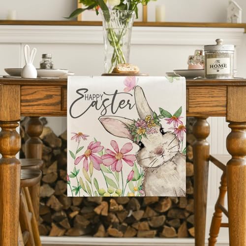 Easter Bunny Floral Table Runner 13x72 Inch for Spring Holiday Decor