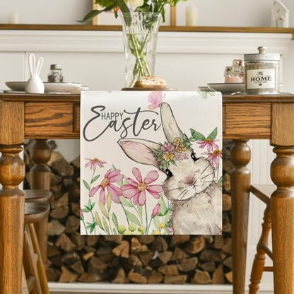 Easter Bunny Floral Table Runner 13x72 Inch for Spring Holiday Decor