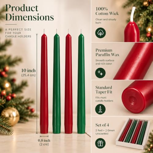 Christmas Red Green Taper Candles Set of 4 - 10 Inch Unscented Holiday Decor