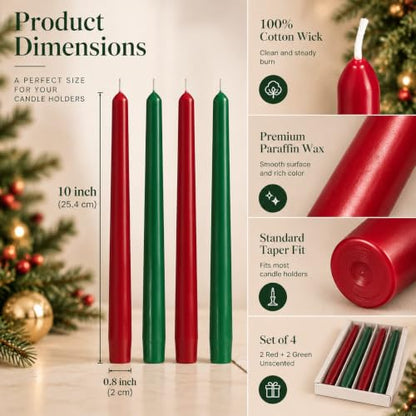 Christmas Red Green Taper Candles Set of 4 - 10 Inch Unscented Holiday Decor