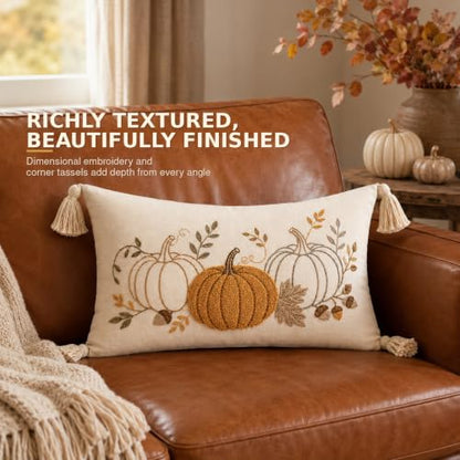 Berchaoki Embroidered Fall Lumbar Pillow Cover 12x20 Inches - Neutral Pumpkin Decor