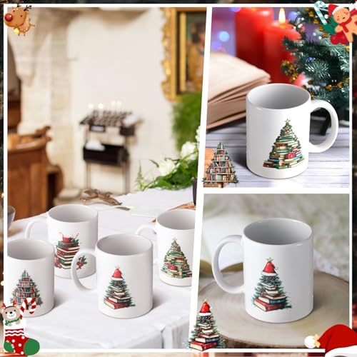 Book Lover Coffee Mug Set - 4 Pack Ceramic Bookworm Cups with Christmas Tree Design