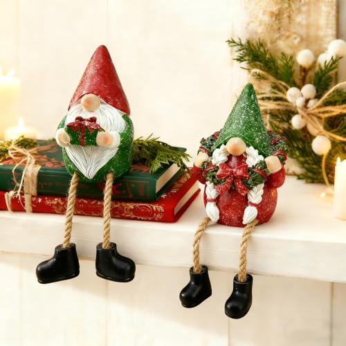 Christmas Gnome Santa Set of 2 - Nordic Holiday Elf Figurines with Dangling Legs