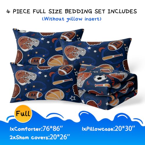 Glow in the Dark Blue Soccer Basketball Bedding Set Full Size for Boys Teen - 4 Pieces with Comforter Pillow Sham