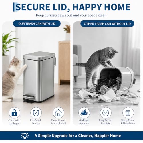 Small Bathroom Trash Can with Lid Soft Close 5L Stainless Steel - Variation: Stainless Steel 1.3 Gallon