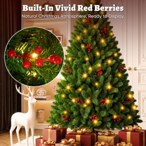 4.5 Ft Pre-Lit Artificial Christmas Tree with 120 LED Lights and Red Berries