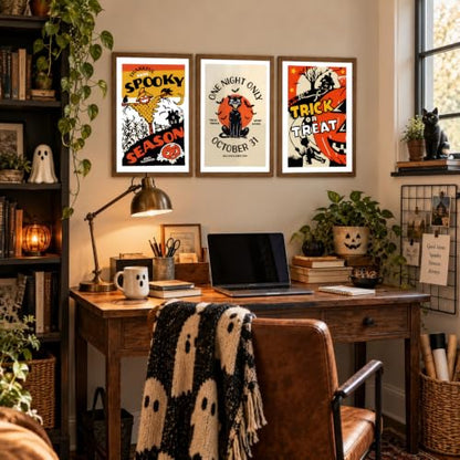 3Pcs Vintage Black Cat Halloween Wall Art Set - Framed 8x10 Inches with Variation Scary Straw Man