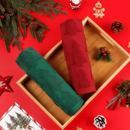 Quera Christmas Hand Towels Set - Red & Green Xmas Tree Decor with Bow - Holiday Bathroom & Kitchen