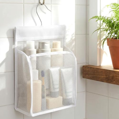 Mesh Shower Caddy Hanging Organizer with Hooks, White Bathroom Storage