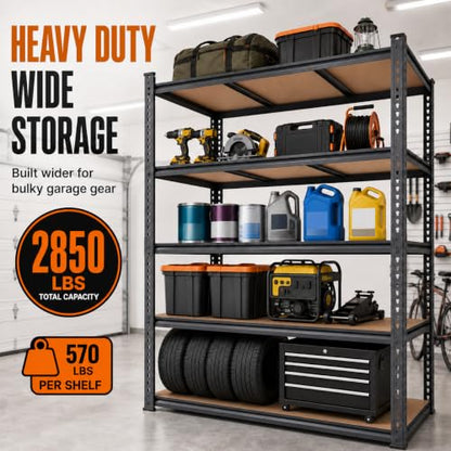 72 Inch Heavy Duty Garage Shelving Rack 2850 LBS Capacity - 5-Tier Storage
