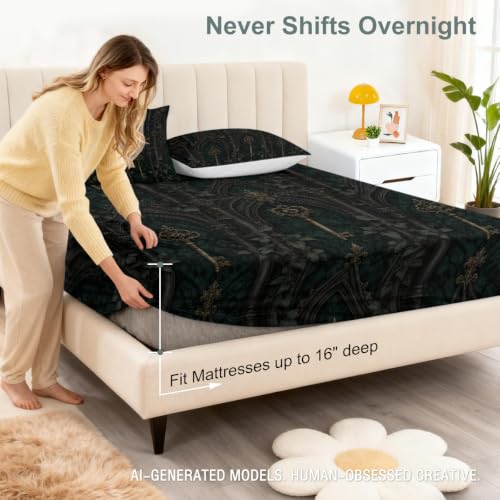 Dark Academia Green Gothic Key Fitted Sheet Set with Pillowcases - King Variation