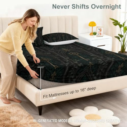 Dark Academia Green Gothic Key Fitted Sheet Set with Pillowcases - King Variation