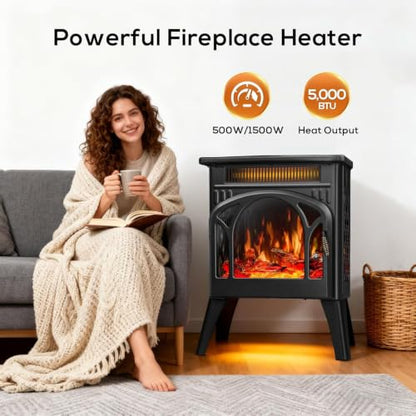 Dark Black 1500W Infrared Electric Fireplace Stove with 3D Flame & Remote
