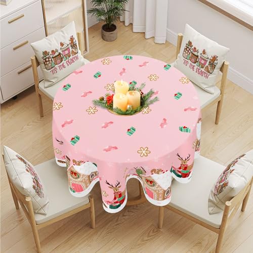 Pink Christmas Round Tablecloth 60x60 Inch Gingerbread House Reindeer Decoration