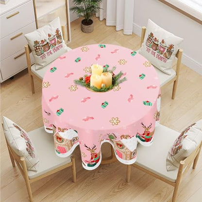 Pink Christmas Round Tablecloth 60x60 Inch Gingerbread House Reindeer Decoration