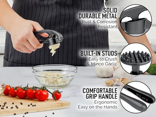 Zulay Kitchen Premium Garlic Press Set - Rust Proof & Dishwasher Safe Professional Garlic Mincer Tool - Easy-Squeeze, Easy-Clean with Soft, Ergonomic Handle - Silicone Garlic Peeler & Brush-Dark Gray