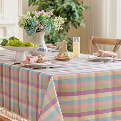 Easter Purple Buffalo Plaid Tablecloth with Tassels - 55x90 Inches, Cotton Linen Blend, Washable, Wrinkle-Free, Spring & Summer Dining Decor