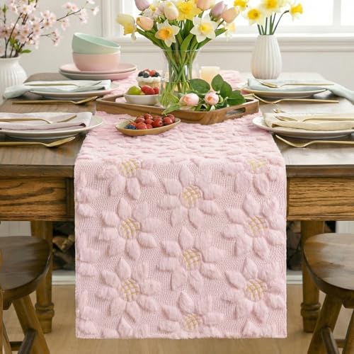 Pink Faux Fur Sunflower Table Runner - 13 x 108 Inch Spring Home Decor