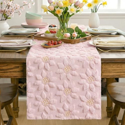 Pink Faux Fur Sunflower Table Runner - 13 x 108 Inch Spring Home Decor