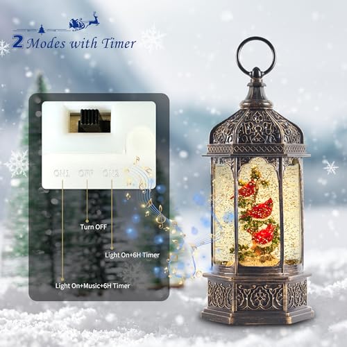 Hexagon Lighted Musical Snow Globe Lantern with Red Cardinals - Indoor Holiday Decor