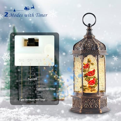 Hexagon Lighted Musical Snow Globe Lantern with Red Cardinals - Indoor Holiday Decor