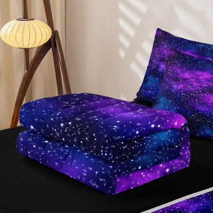 Purple Galaxy Twin Comforter Set with Zippered Fitted Sheet & Pillowcases - Space Universe Bedding