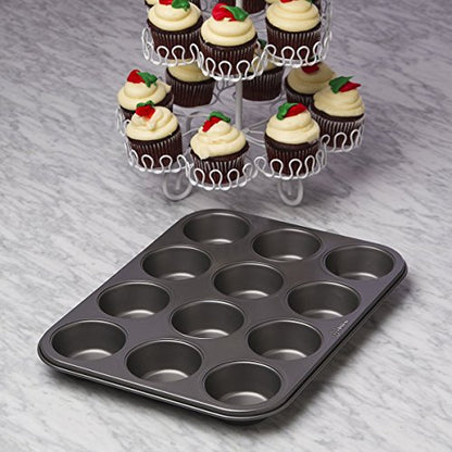 Ecolution Bakeins 12 Cup Muffin and Cupcake Pan – PFOA, BPA, and PTFE Free Non-Stick Coating – Heavy Duty Carbon Steel – Dishwasher Safe – Gray – 13.75” x 8.25” x 1.125”