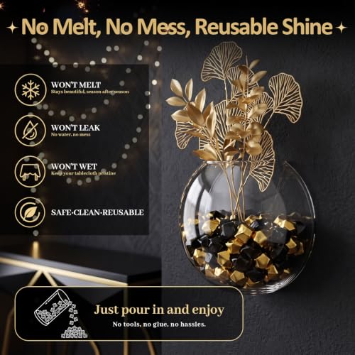 DomeStar Black and Gold Acrylic Ice Rocks Vase Filler 150PCS - Elegant Party Decor
