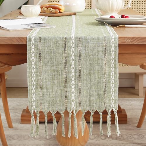 Rustic Table Runner with Tassels - Sage Green 13x86 Inches Farmhouse Boho Linen Cotton