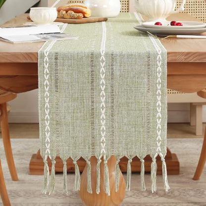 Rustic Table Runner with Tassels - Sage Green 13x86 Inches Farmhouse Boho Linen Cotton