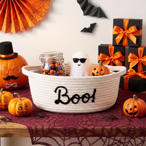 Halloween Boo Basket for Kids & Adults - White & Black Woven Gift Basket, 13x9x5 Inches