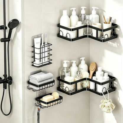 Corner Shower Caddy 5-Pack with Rustproof Stainless Steel Shelves and Hooks - No Drilling
