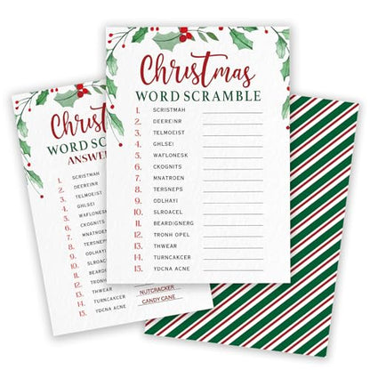 Christmas Word Scramble Party Game Cards - 30 Pack Green Leaf Design, 5x7 Inches