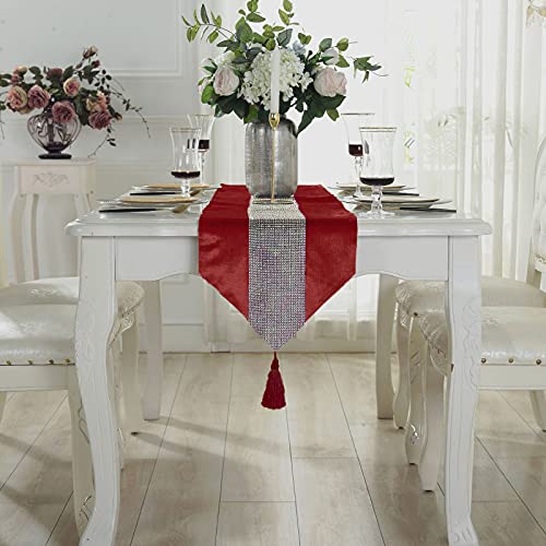 Red Sequin Rhinestone Table Runner with Tassels - Luxurious 13 x 82 Inch Decor