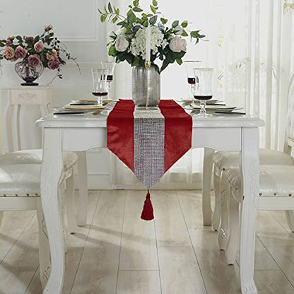 Red Sequin Rhinestone Table Runner with Tassels - Luxurious 13 x 82 Inch Decor