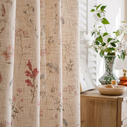 Beige Linen Farmhouse Floral Curtains Set - 2 Panels, 52x84 Inches, Boho Decor