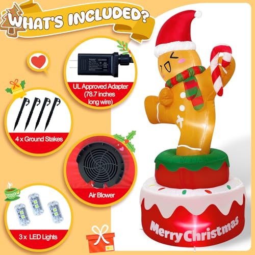 OurWarm 5FT Gingerbread Christmas Inflatable Outdoor Decoration - Rotating Santa Hat & Candy Cane